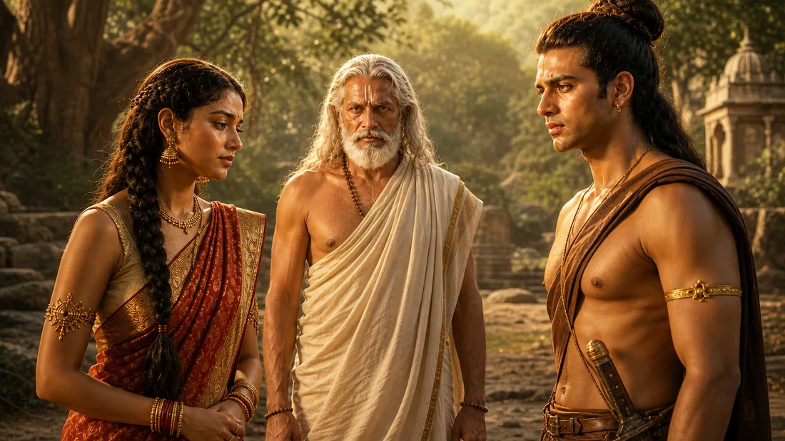 Devayani, Shukracharya and Kach at the forest ashram