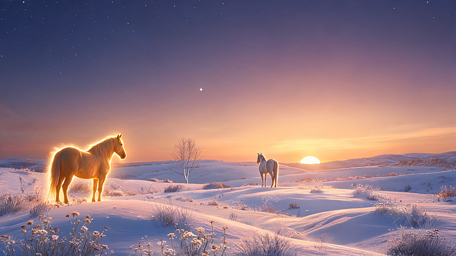 The Sun as a glowing horse approaching Sangya as a mare on the snowfields of the north