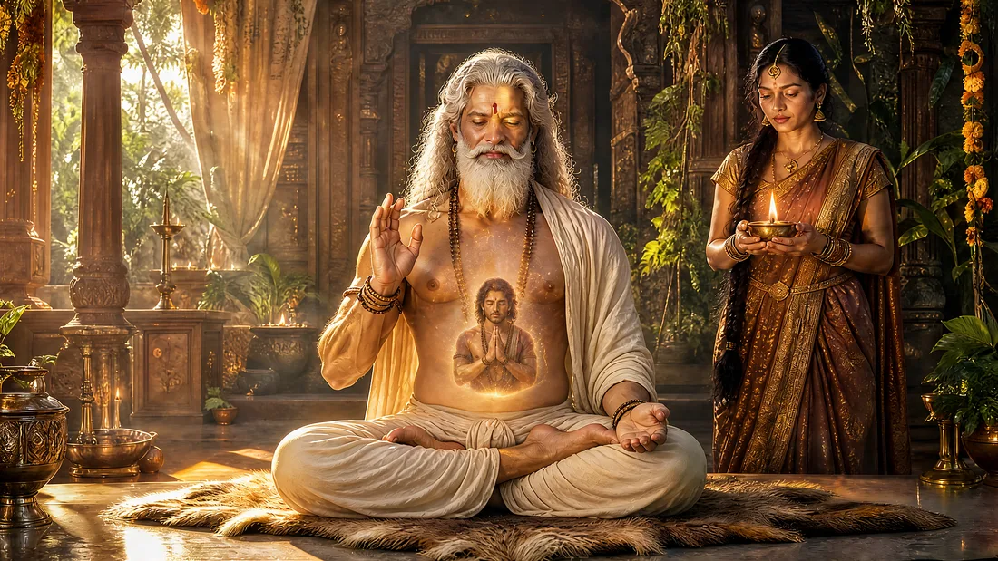 Shukracharya seated in meditation with Kach glowing inside his body, Devayani beside him holding a lamp